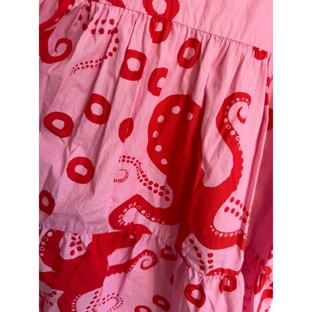 Maude Vivante Pink Red Octopus Molly Cotton Tiered Mini Dress XL‎ Fit Flare Puff - Picture 2 of 10